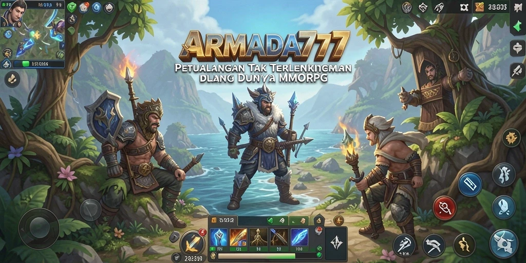 Screenshot utama ARMADA777 yang menunjukkan pertarungan epik dalam MMORPG.