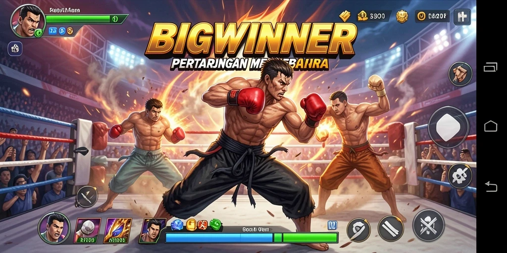 Tangkapan layar utama BIGWINNER menampilkan pertarungan seru antara karakter-karakter ikonik.