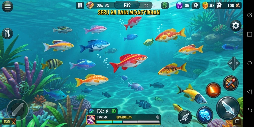 Tampilan gameplay F32 dengan aksi menembak ikan yang seru.