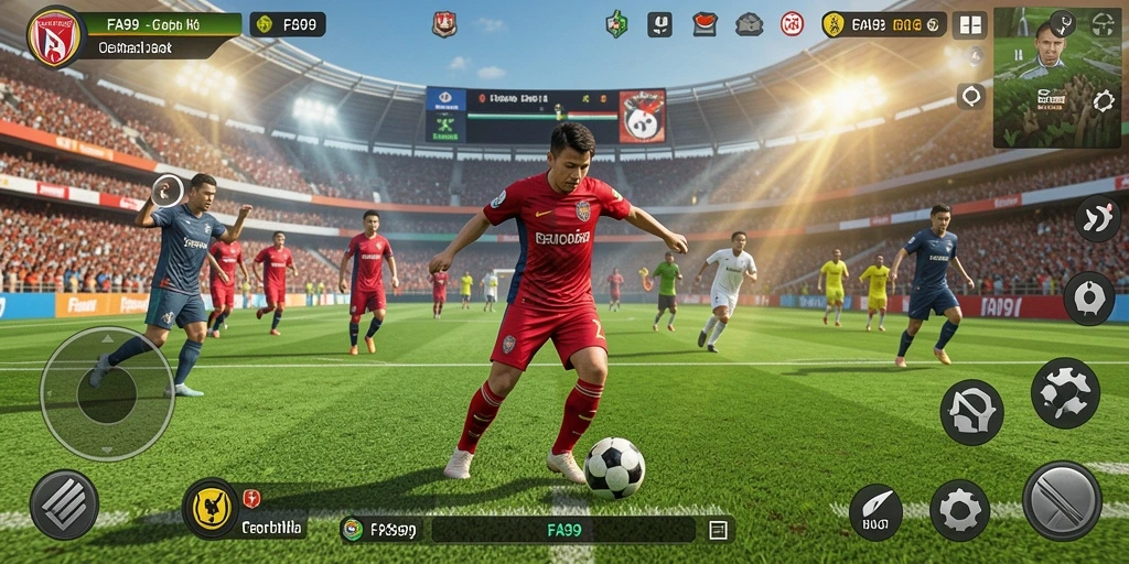 Tampilan gameplay seru dalam FA99 dengan aksi sepak bola yang mendebarkan.