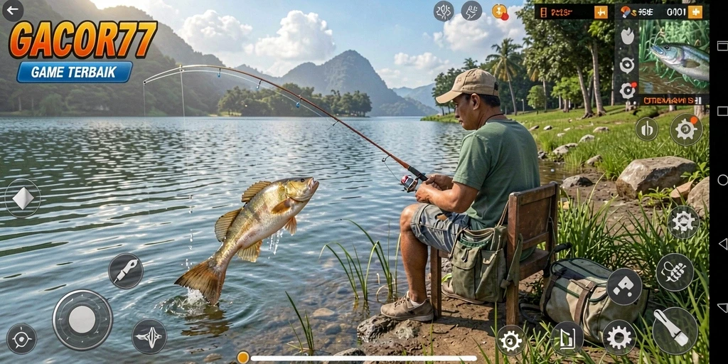 Screenshot gameplay GACOR77 yang menampilkan keseruan memancing.