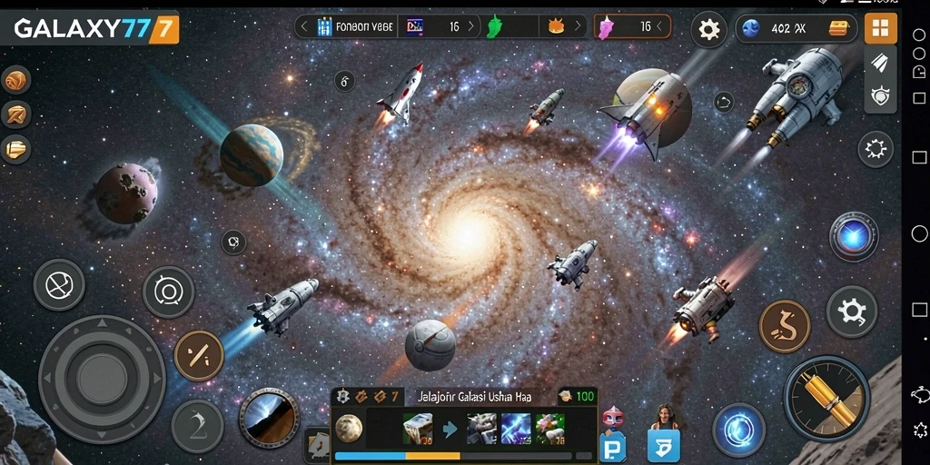 Screenshot gameplay Tycoon GALAXY77 menampilkan aktivitas pengelolaan galaksi.