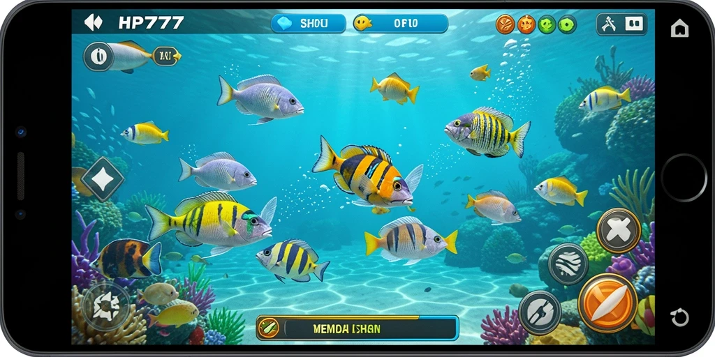Tampilan seru dari gameplay tembak ikan HP777 yang menarik dan penuh warna.
