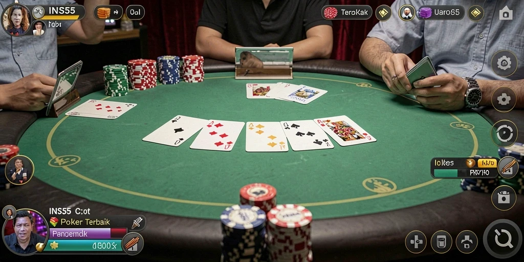 Screenshot dari gameplay INS55 menampilkan suasana poker yang mendebarkan.