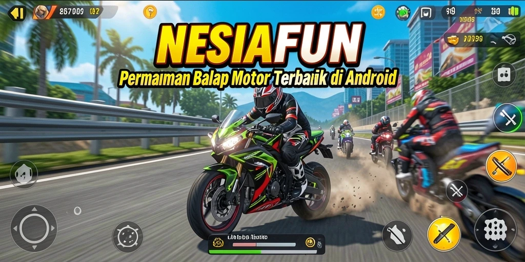 Screenshot utama NESIAFUN menampilkan serunya balapan motor di lintasan.