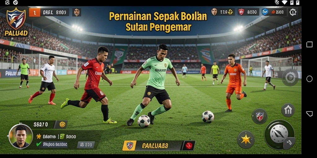 Screenshot gameplay PALU4D menunjukkan aksi seru di lapangan sepak bola.
