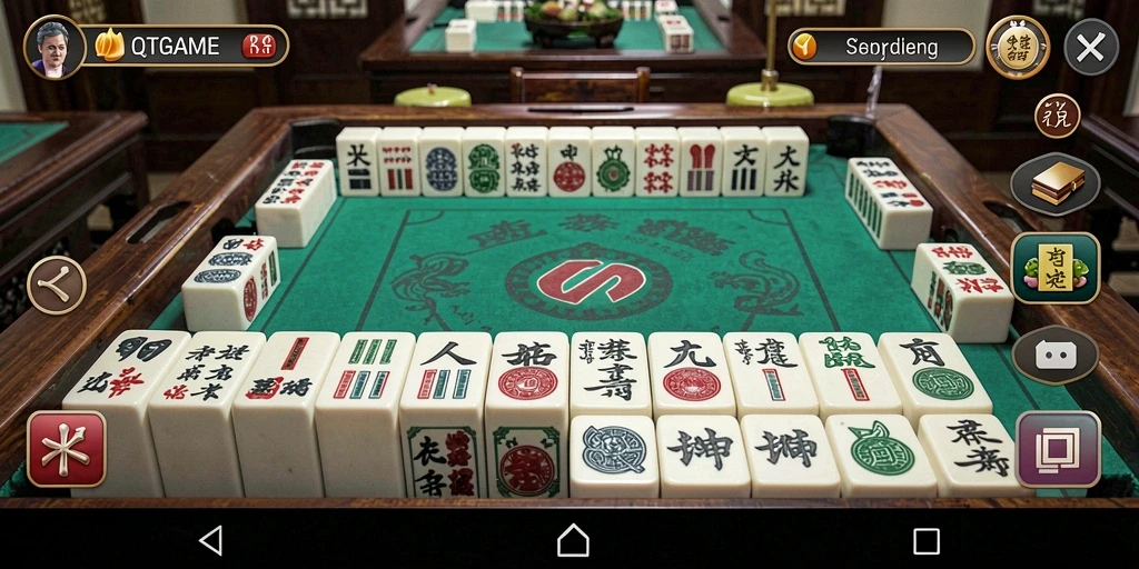 Screenshot gameplay QTGAME menampilkan pengaturan Mahjong yang menarik.