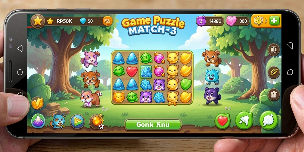 Tangkapan layar menunjukkan gameplay seru RP55 dengan tantangan Match-3.