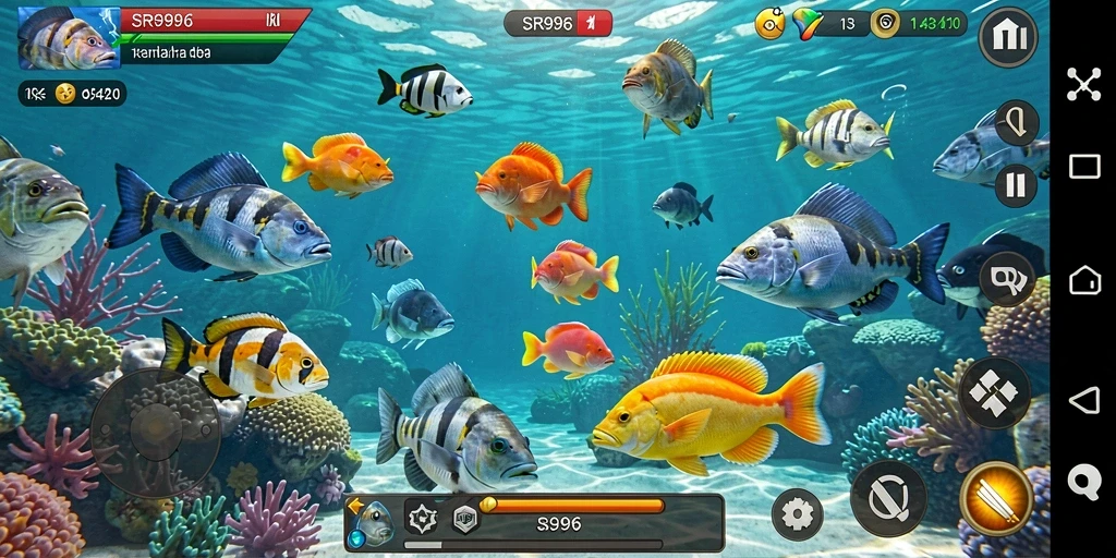 Screenshot gameplay SR996 yang menunjukkan aksi menembak ikan dengan berbagai senjata.