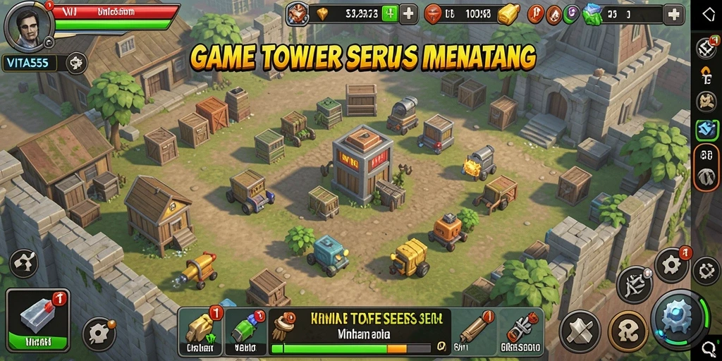 Screenshot permainan VITA555 menampilkan aksi menara pertahanan melawan gelombang musuh.