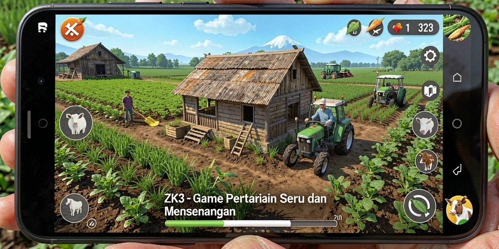 Tangkapan layar ZK3 menampilkan gameplay pertanian yang menarik dan penuh warna.